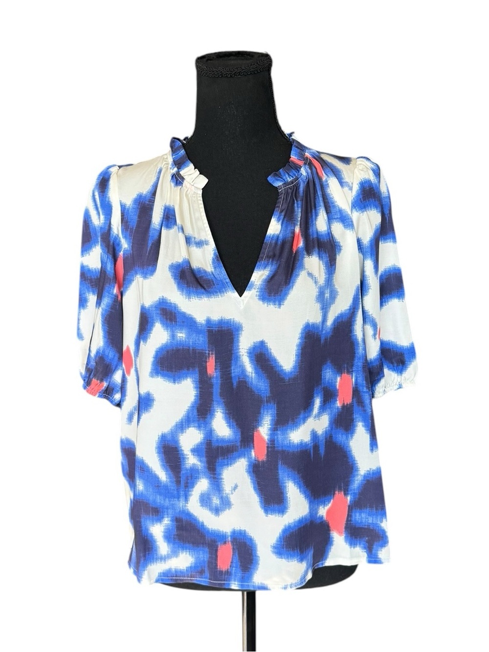 Evereve 100% Lyocell Abstract Print Puff Sleeve Blouse Top M Coastal Chic W45